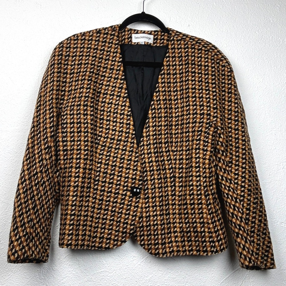 Breckenridge Brown Houndstooth Blazer - 12 - Collarless Vintage Academia Tweed